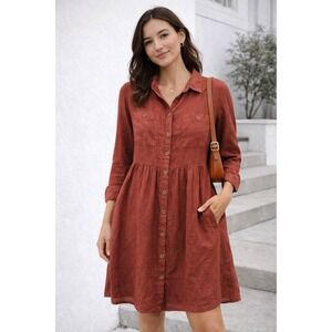 Gudrun Sjoden Terracotta Linen Long Sleeve Shirt Dress Medium